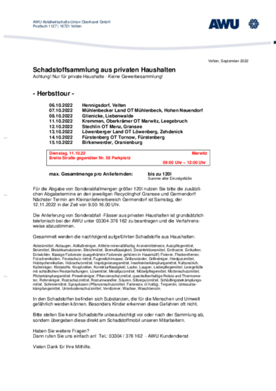 AWU - Schadstoffsammlung aus privaten Haushalten - Herbsttour