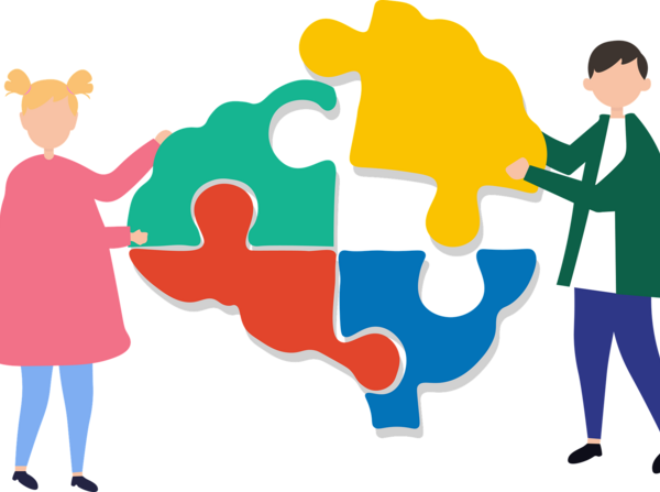 Eine Grafik, in der ein Mann und eine Frau ein Gehirn, das aus vier bunten Puzzleteilen besteht, auseinander nehmen. 