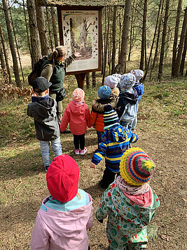 Kinder im Wald an einer Infotafel