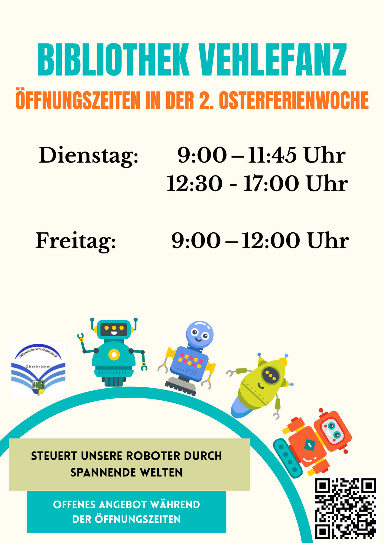 Hinweis zu geänderten Öffnungszeiten in der Bibliothek Vehlefanz